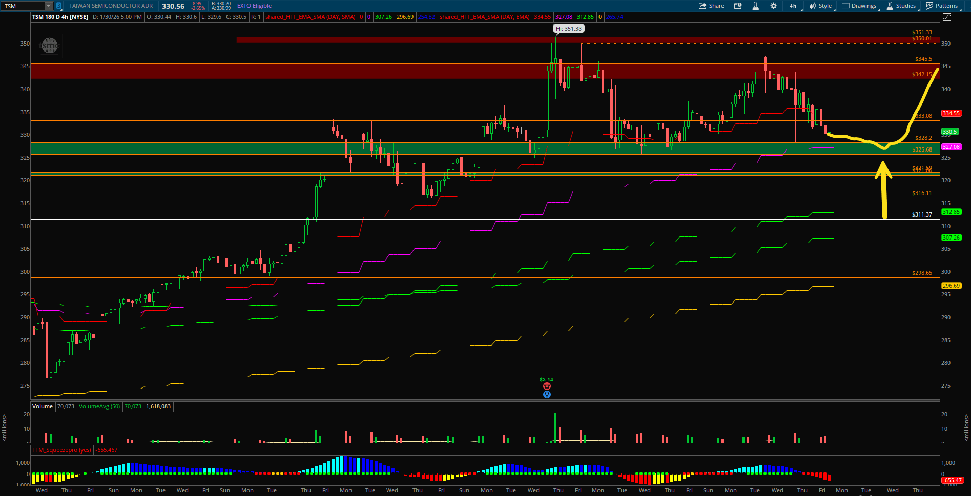 📉 TSM 단기 전략: 이번 주 주요 지지·저항 레벨 점검