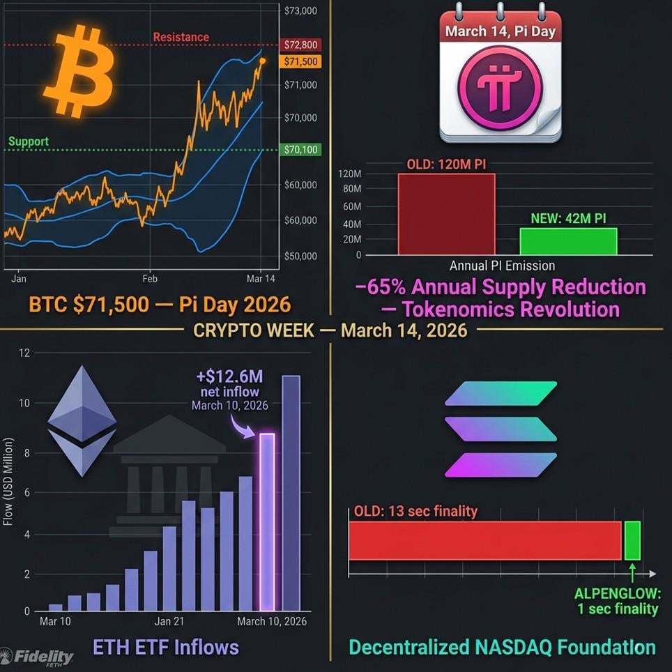 비트코인 $71,500 — Pi 네트워크 배출 65% 감축·이더리움 ETF 하루 $1,260만 유입·솔라나 1초 최종성 업그레이드 📈